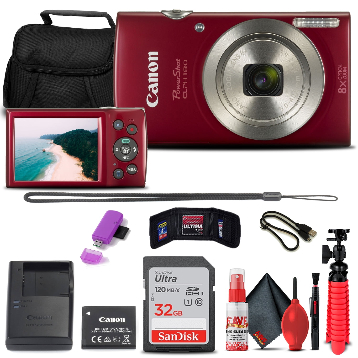 Canon PowerShot ELPH 180 Digital Camera (Red) (1096C001) + 32GB Card