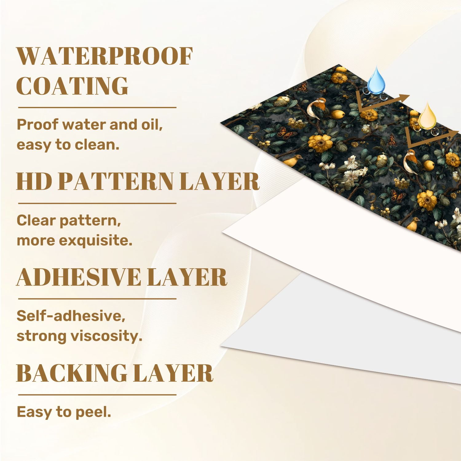 Peel and Stick Wallpaper 17.7in x 9.8ft Vintage Botanical Birds Butterflies Golden Flowers Dark Contact Paper Vinyl Self-Adhesive Removable Wall Paper for Bedroom DIY Home Decor Renter Friendly