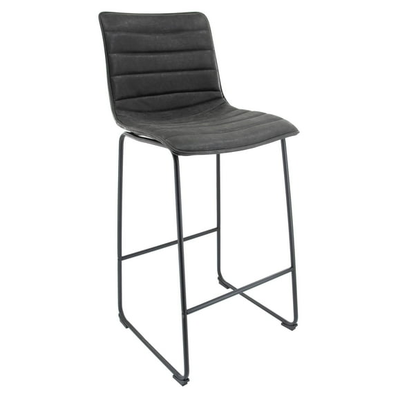 LeisureMod Brooklyn 29.9" Modern Leather Bar Stool Kitchen Counter Stools with Black Iron Base & Footrest In Charcoal Black