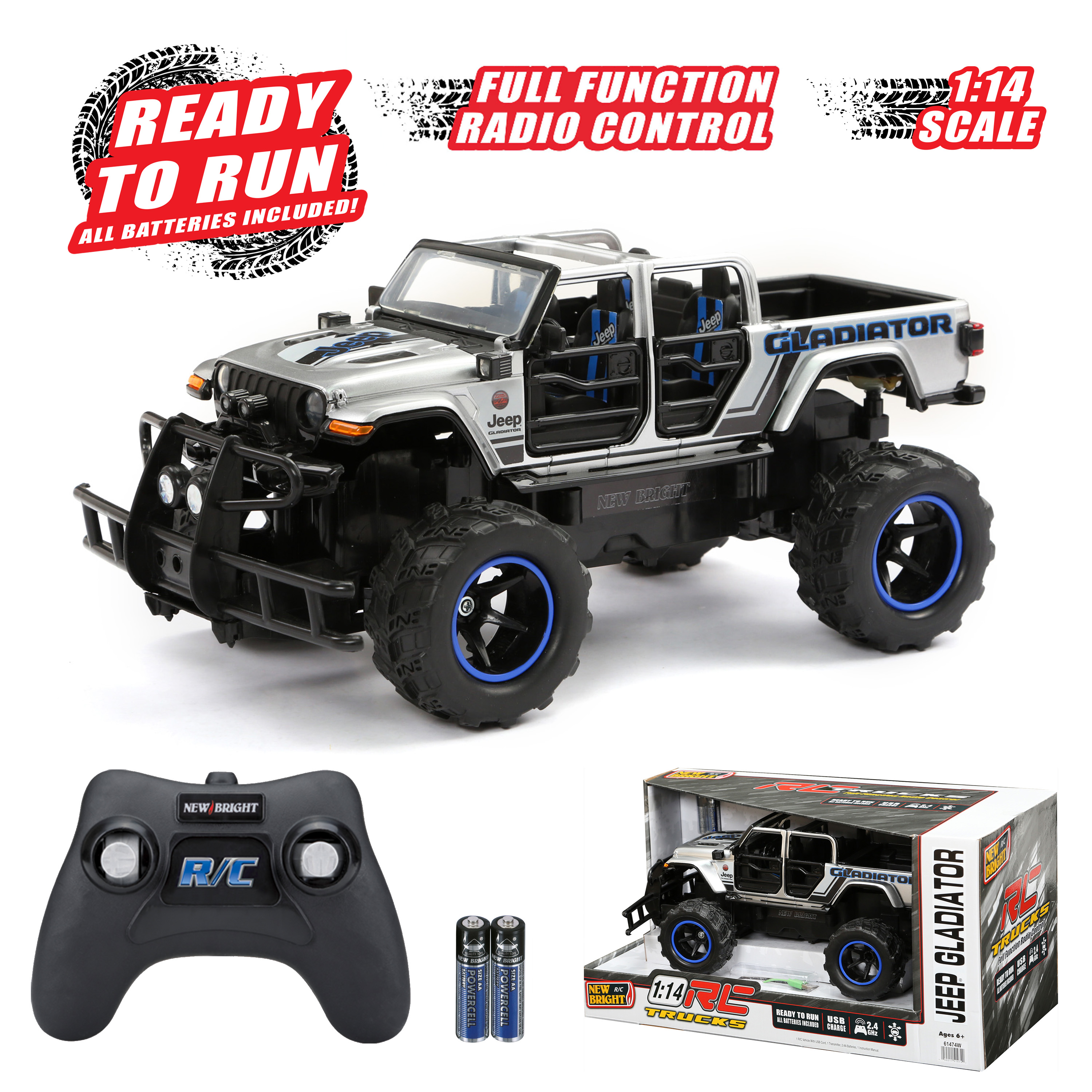 New Bright 1:14 Scale Remote Control Truck 2.4GHz USB Jeep Gladiator - White