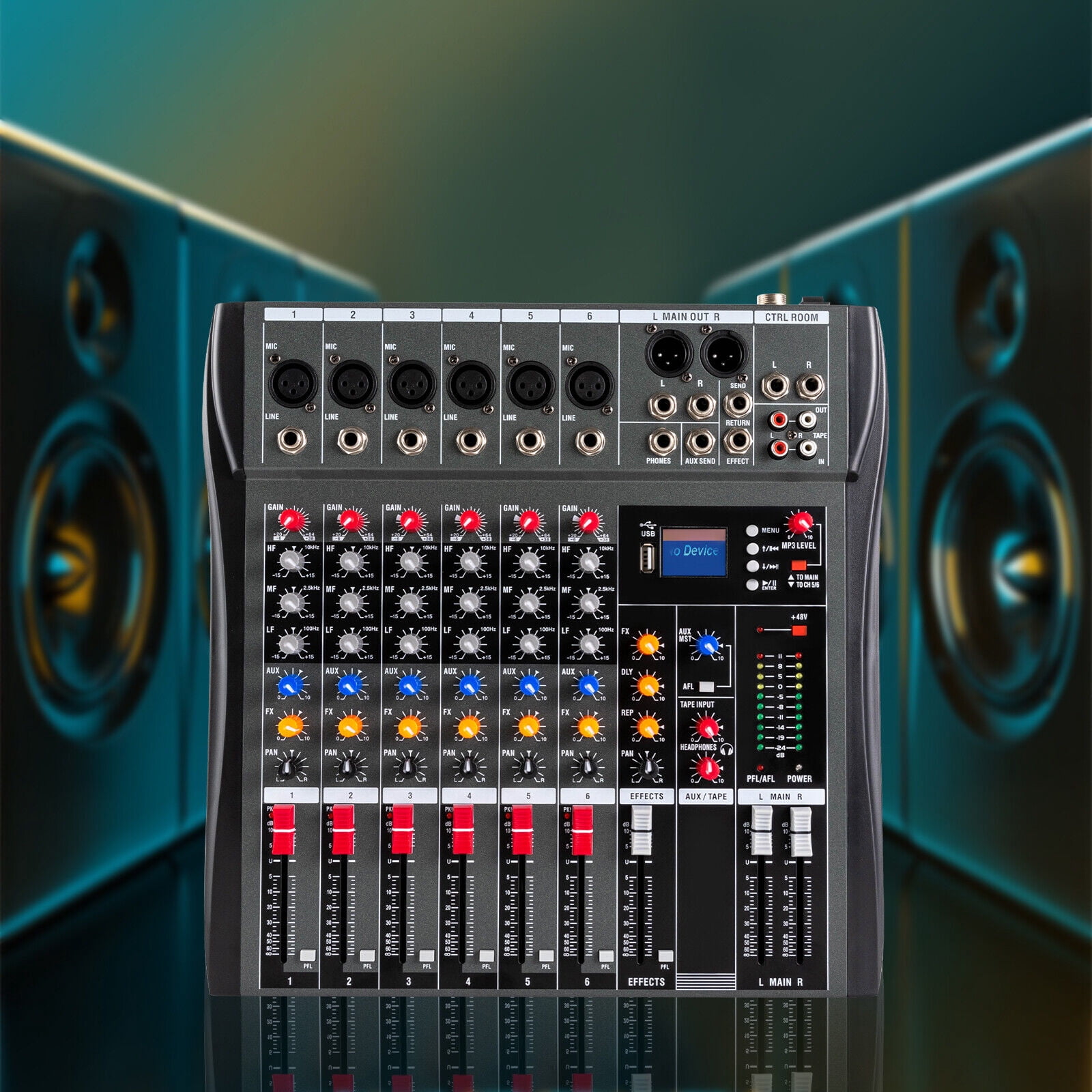 Professional Digital 6-Channel Audio Mixer with Bluetooth, 48V Phantom Power, Built-in Music Modes, and LCD Display