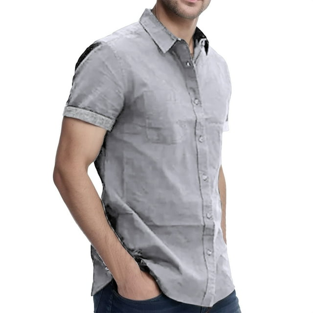 Camisas Para Hombre Manga Larga Camisa de vestir de manga corta para hombre, ajuste regular, sin arrugas, elástica, informal, con botones (GY1, S)