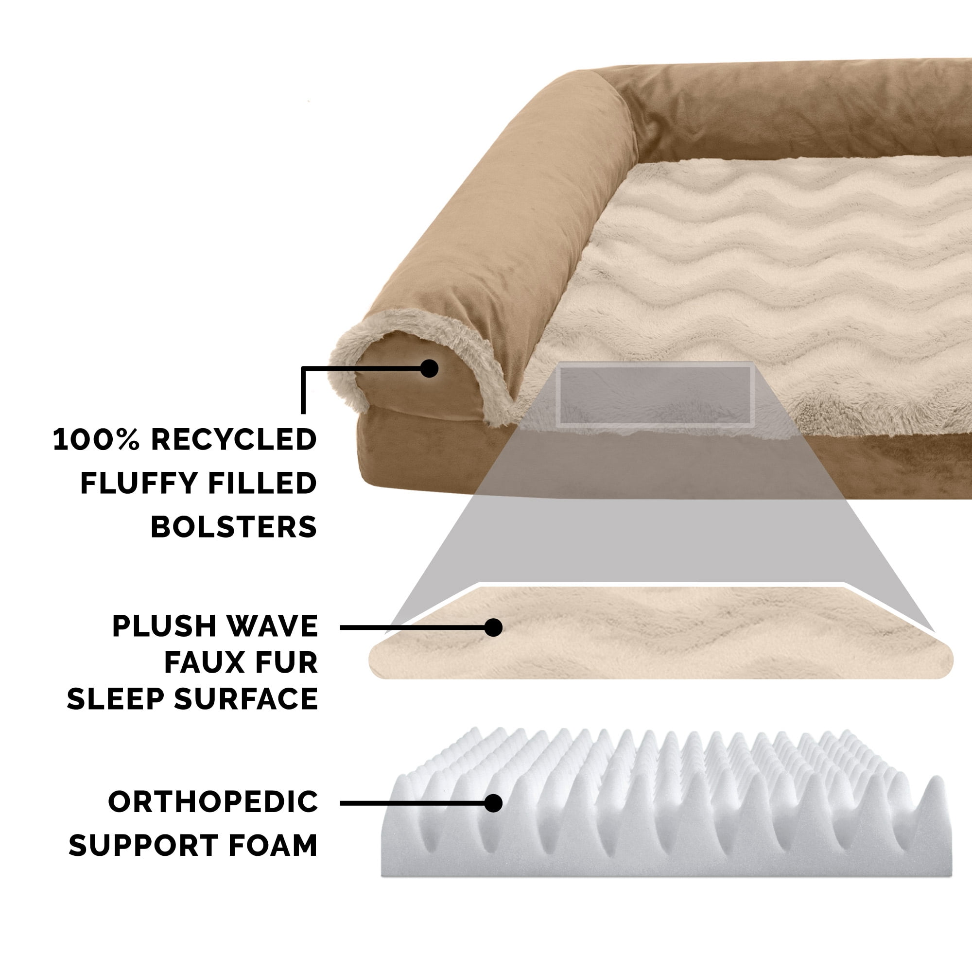 FurHaven Wave Fur & Velvet Deluxe Chaise Lounge Orthopedic Sofa-Style Pet Bed for Dogs & Cats - Brownstone, Medium