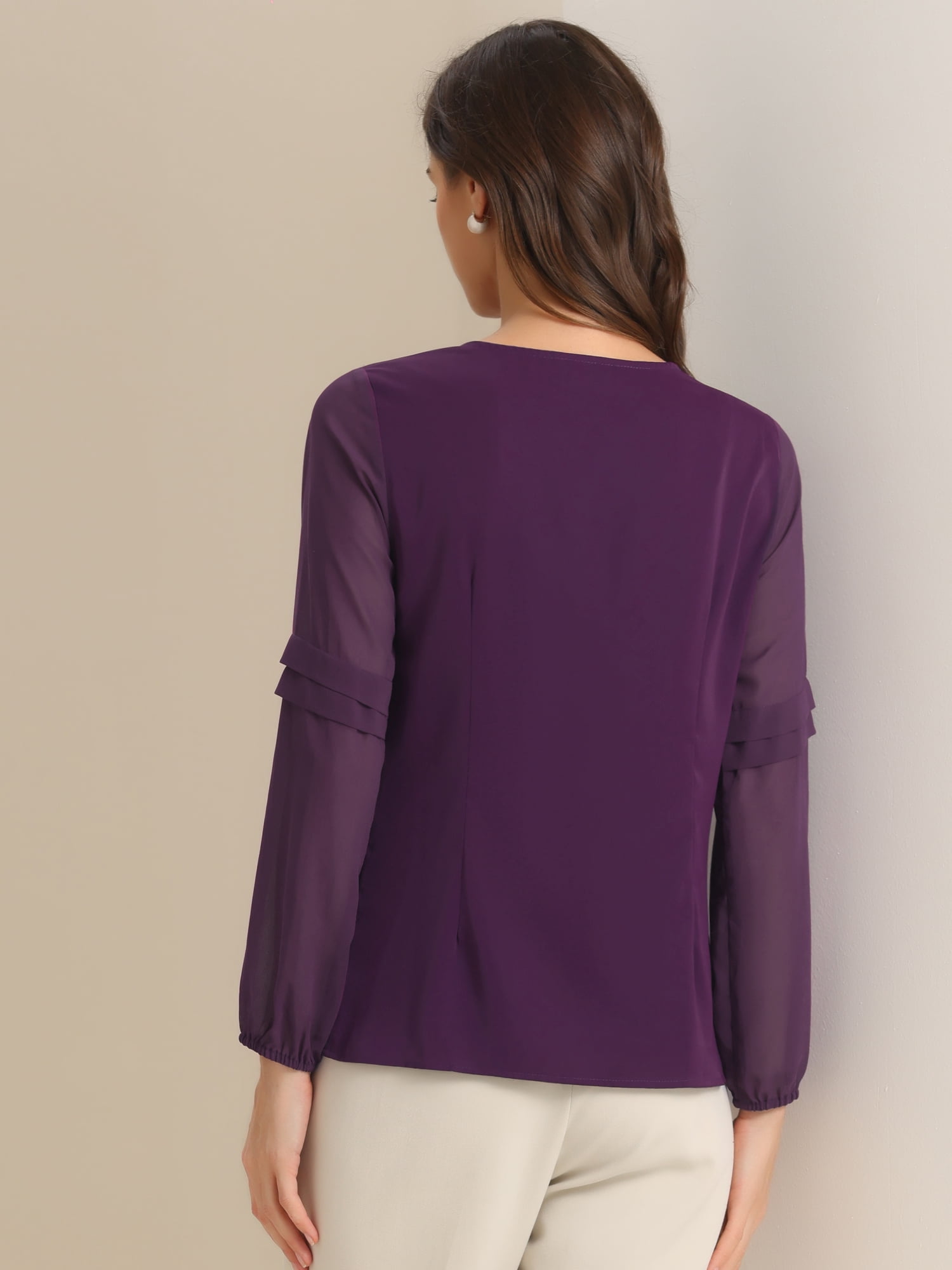 DARING DIVA Chiffon Semi Sheer Long Sleeves Blouses M Deep purple