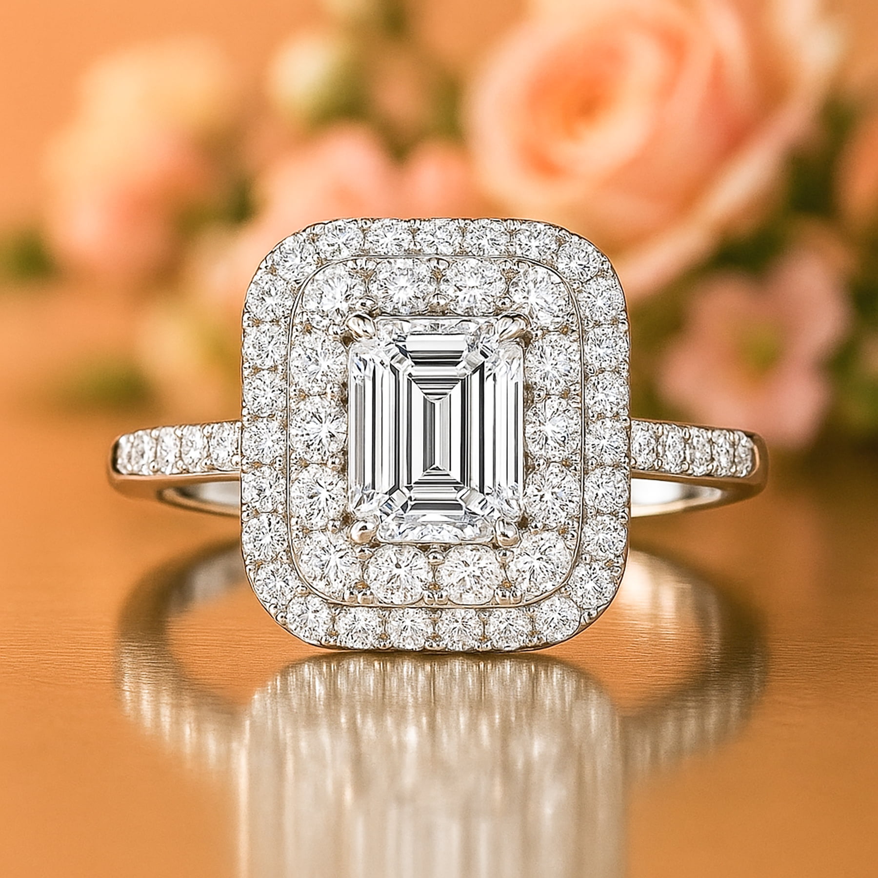 JeenMata 1.5 Carat Emerald Cut Moissanite Engagement Ring - Bridal Ring - Double Halo Ring - Cluster Ring - 18k White Gold Plating for Women