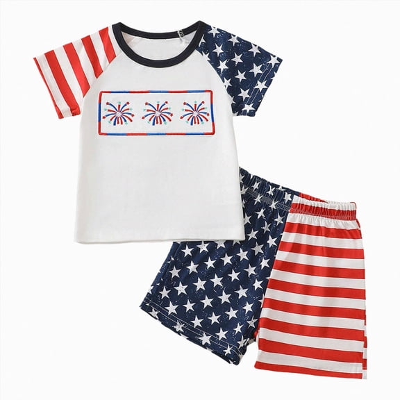 NOLDARES 4th of July Baby Boy Outfit Short Sleeve T-Shirt and Elastic Waist Shorts with Pockets 2Pcs Summer Clothes American Flag Print(Blue,6-12 M)