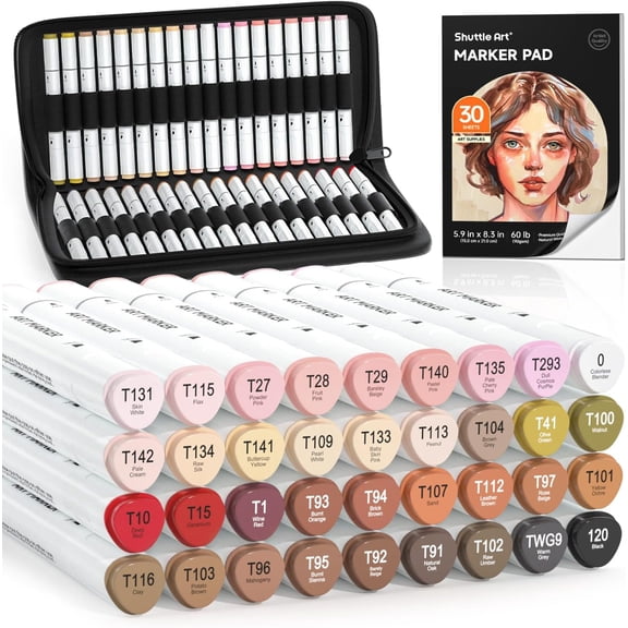 36 Colors Skin Tone&Hair Art Markers, Shuttle Art Dual Tip Alcohol Based Marker Pen Set Contains 1 Blender 1 Carrying Case 1 Marker Pad for Adults Portrait,Comic, Anime, Manga
