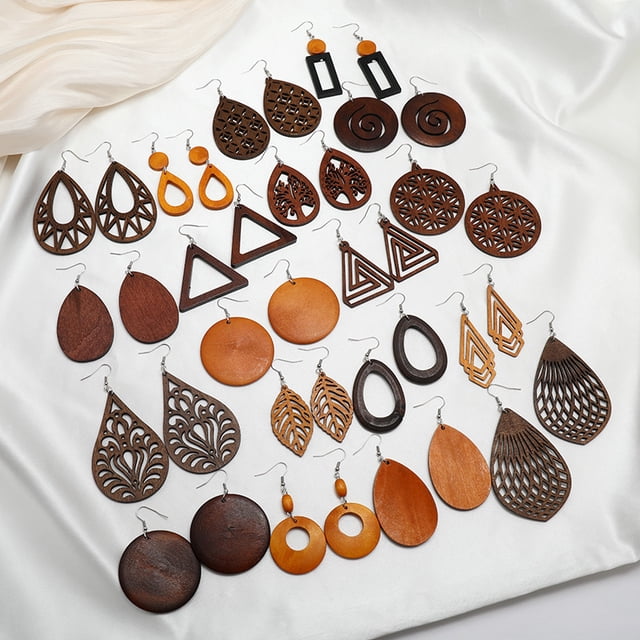 19 pares de aretes de madera natural, aretes colgantes africanos, aretes étnicos livianos para mujeres