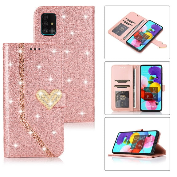 Dteck Wallet Case For Samsung Galaxy A71 (4G), Luxury Glitter Bling PU Leatether Credit Card Holder Wallet Case with Hand Strap, Rosegold