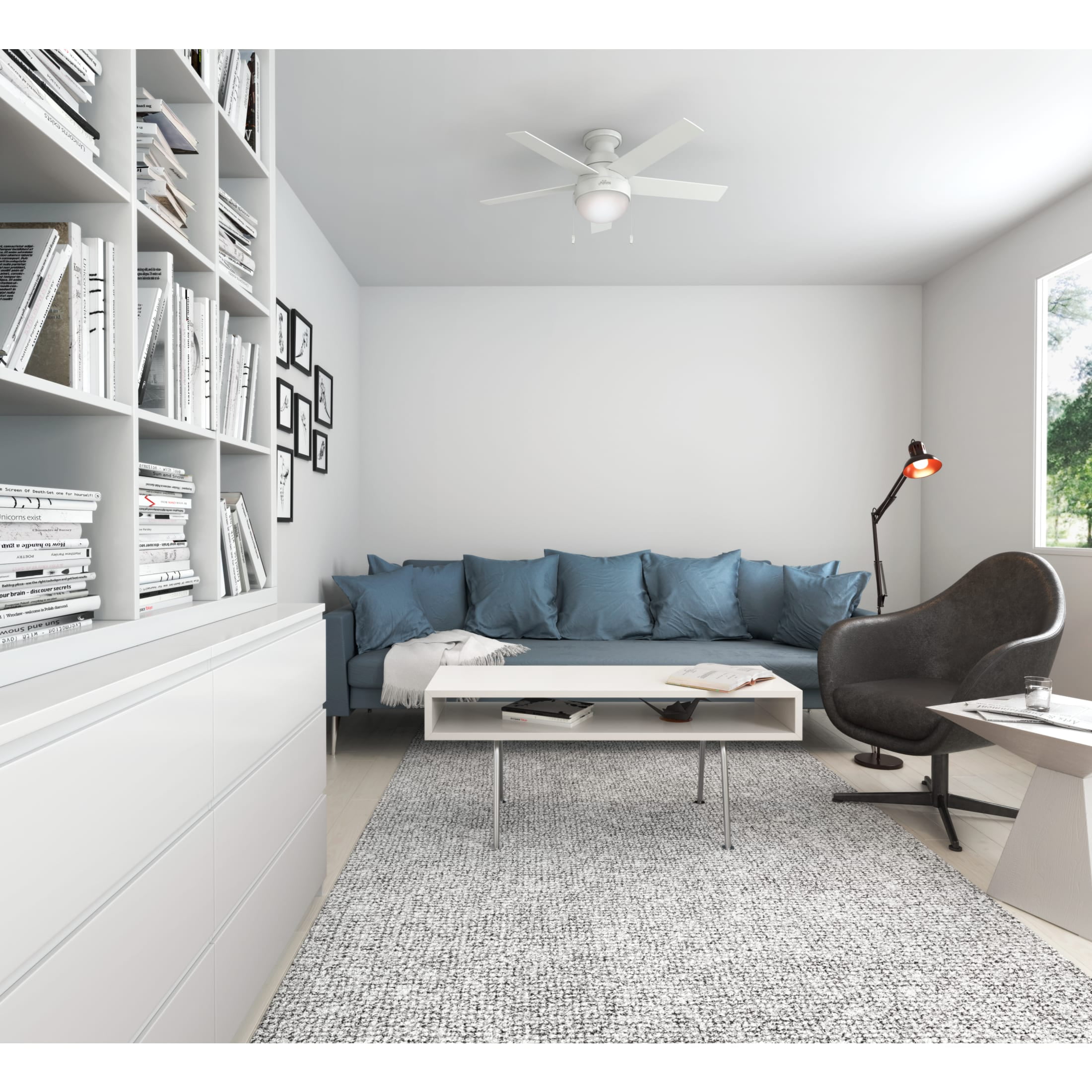 Hunter - Anslee Indoor Low Profile Ceiling Fan With Light, 46-inch, Fresh White, Modern-style, 3-speed WhisperWind Motor, 59269, for Living Rooms, Bedrooms