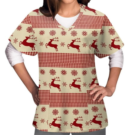 

Christmas Scrub Tops for Women Summer Short Sleeve Casual V Neck Cute Xmas Elk Print Working Uniform Blouse Scrub Shirt