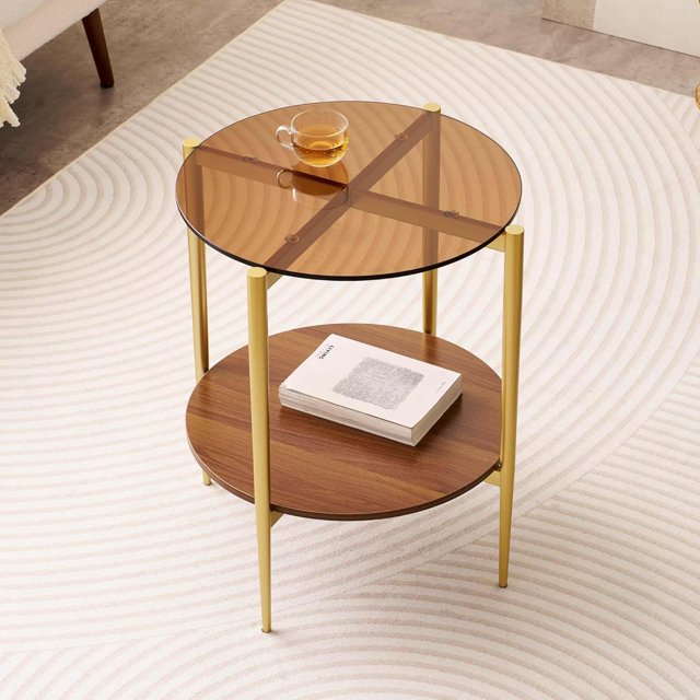 Rectangle Coffee Table Mid-Century Modern Design L W x H for Living Room - Structure Amber Glass Top and Walnut MDF Shelf Sleek Conical Metal Legs with Gold Finish