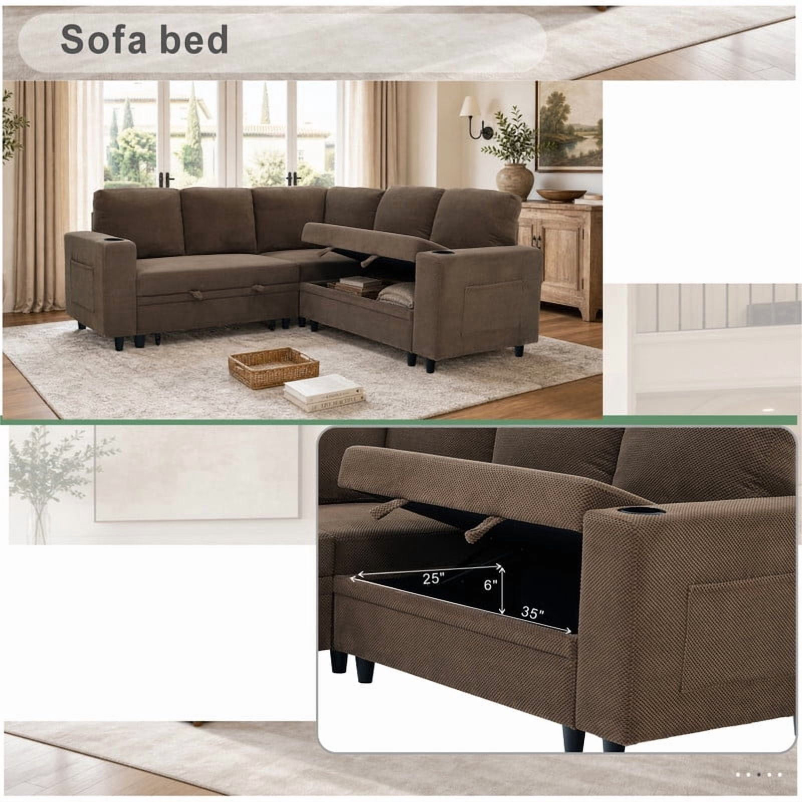L-Shape Sectional Sofa with Pull-Out Sleeper Bed, Storage Chaise, Cup Holders & Side Pockets, Convertible Corner Sofa Couch for Living Room, Apartment & Guest Room