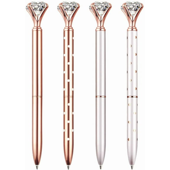 4 PCS Bling Big Crystal Diamond Ballpoint Pen Metal Ballpoint Pens for Office Supplies Gift, Rose Gold/Silver/White With Rose Polka Dots/Rose Gold With White Polka Dots, Includes 4 Pen Refills
