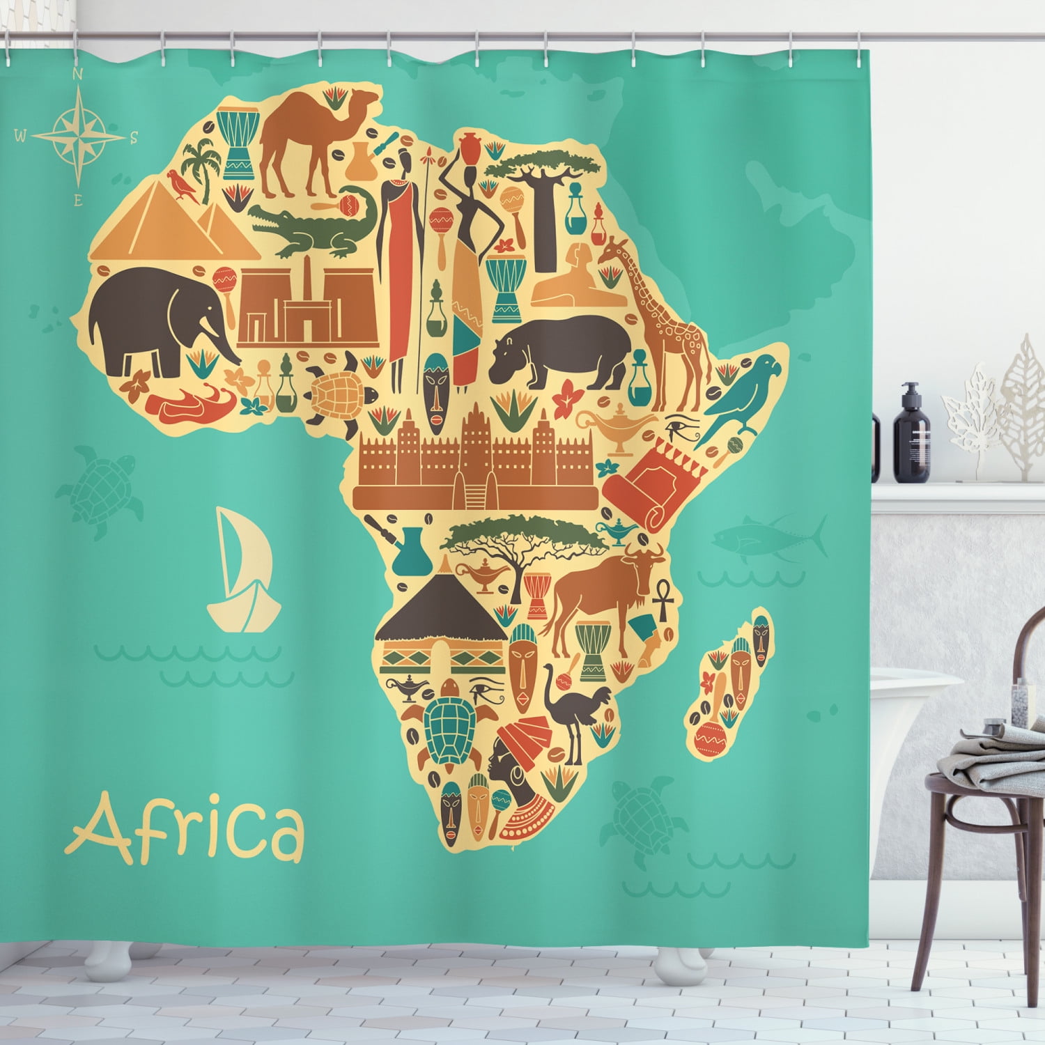 Africa Shower Curtain, Savannah Map Tribal Folk Culture Icons