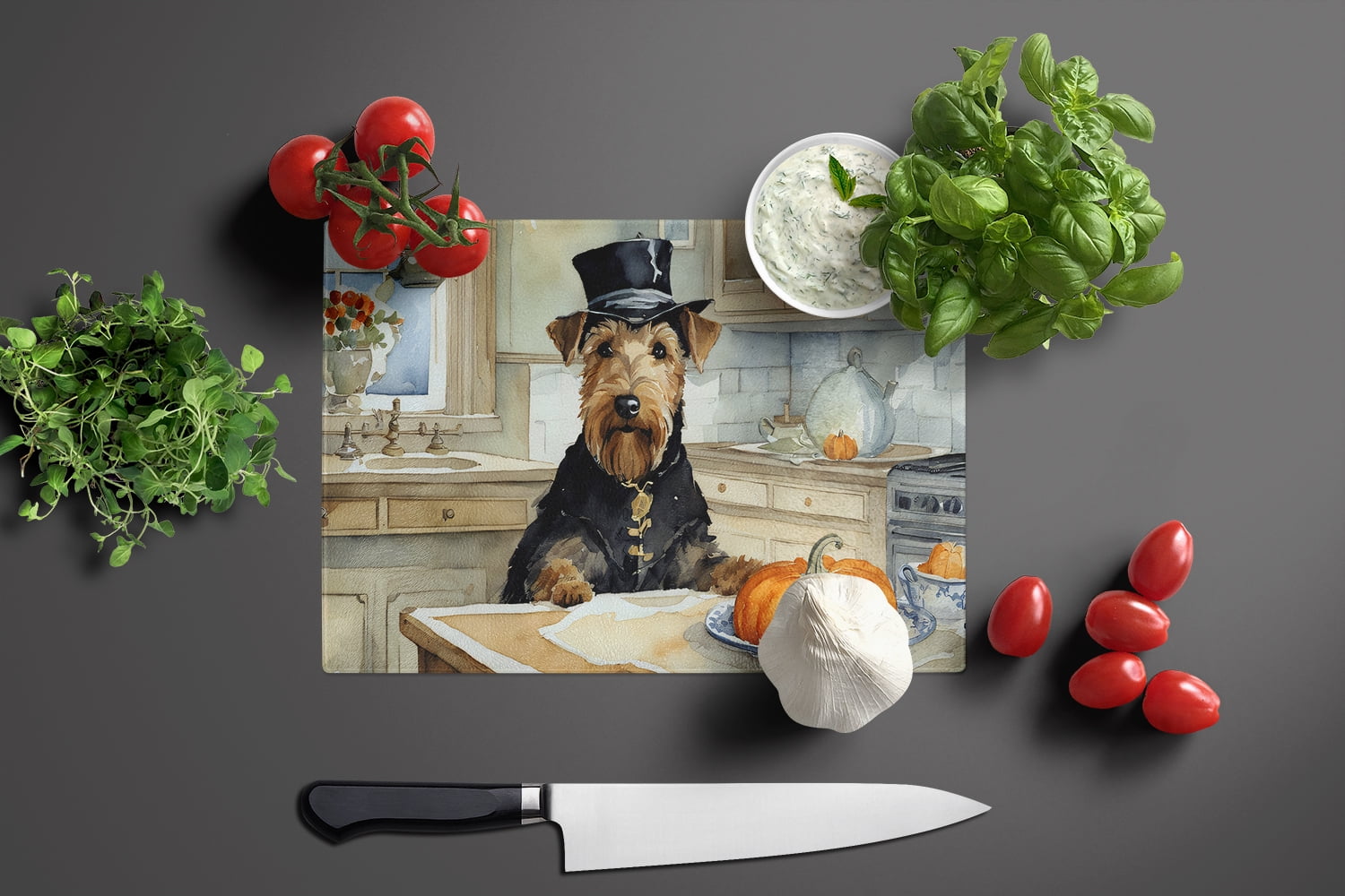 Airedale Terrier Fall Kitchen Pumpkins Glass Cutting Board Large 12 in x 15 in
