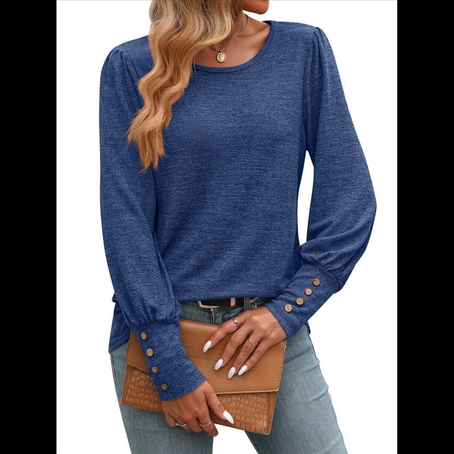 Blusas Casuales Holgadas de Larga y Corta Abullonada para Mujer, con Cuello Redondo y Botones. Azul L