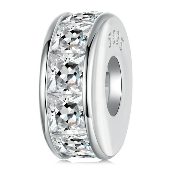 Princess Cut Sparkling Silicone Spacer Beads Charm 925 Sterling Silver Charm , Gift Box Packaging
