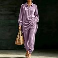thumbnail image 2 of Szluipve 2 Piece Sets for Women Velvet 2 Piece Outfits Collared Half‑Button Lantern Long Sleeve Top Elastic Cuff Jogger Pants Set Casual Loose Matching Loungewear Suit With Pockets Purple M, 2 of 6