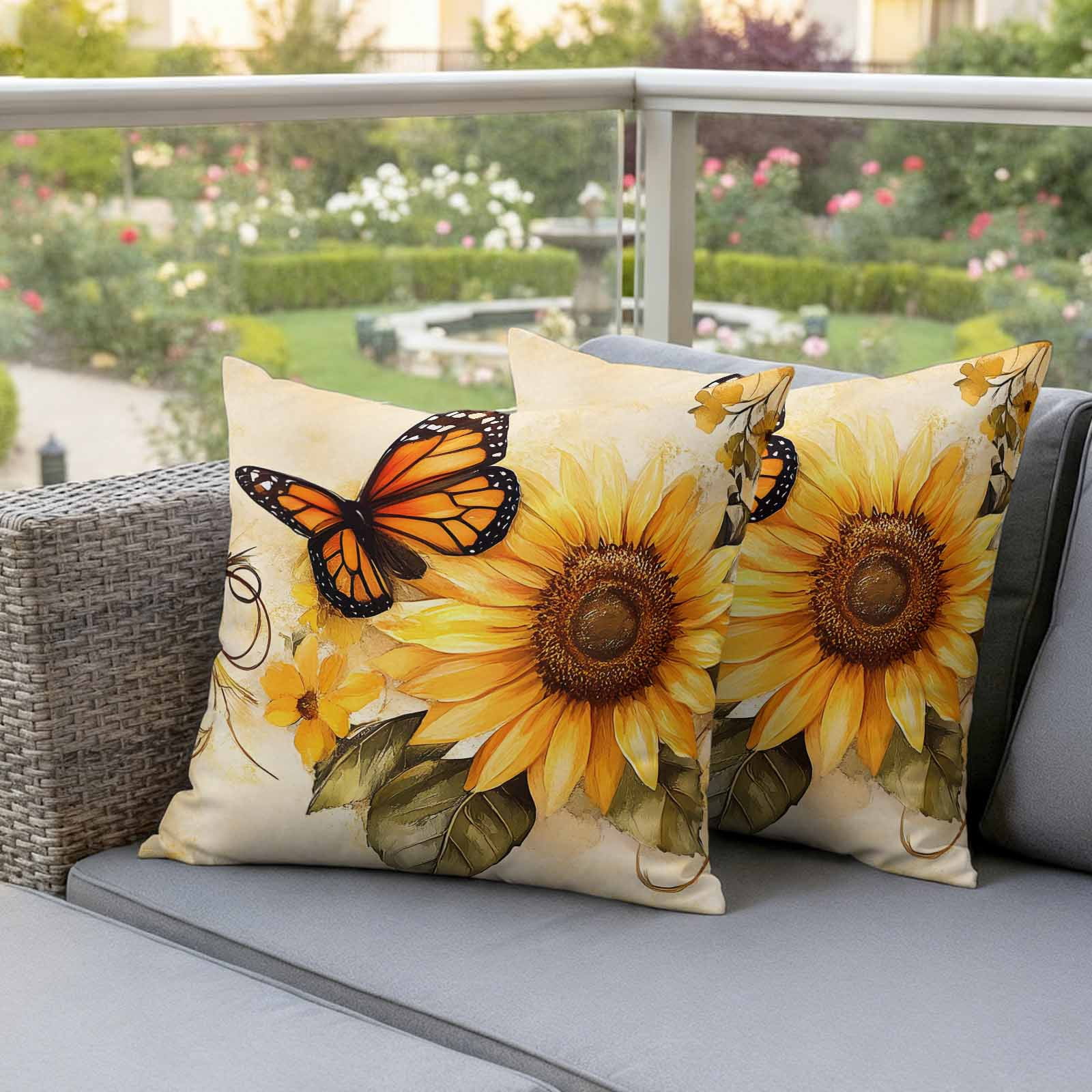 Pack of 2 Outdoor Pillow Covers 18x18 Inch Waterproof Sunflower Throw Pillow Covers, Decorative Couch Pillow Case Sham Butterfly Spring Floral Retro Pillowcases Cushion Covers for Patio Garden