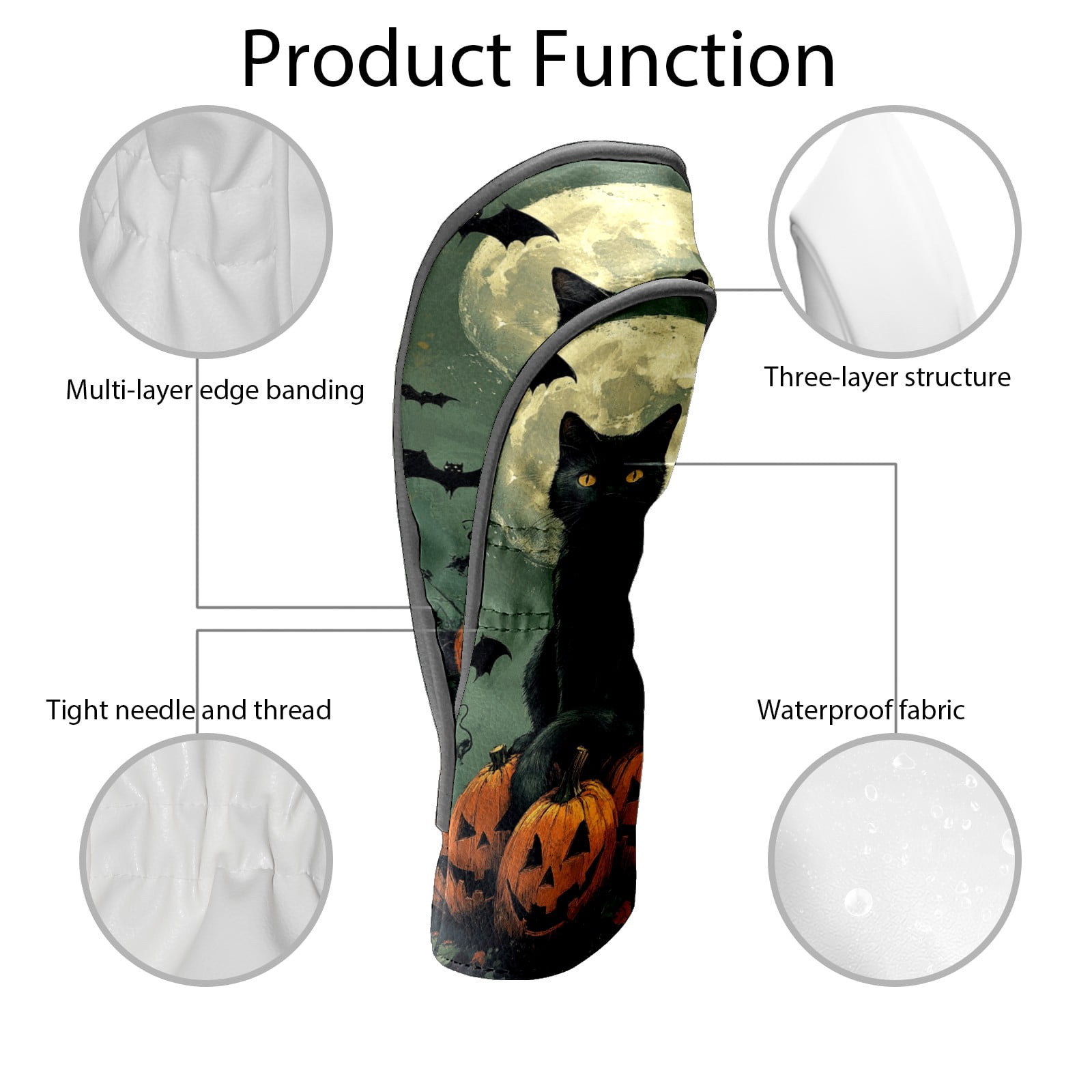 Golf Club Covers PU Leather Waterproof Head Covers for Fairway Woods Hybrids Cat In The Night