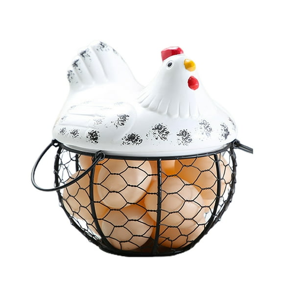 (White) Egg Storage Basket Egg Rack Kitchen Basket Iron Art Basket American Country Creative Restaurant Storage Basket (19*16*10cm) Ceramic + Iron Art Can Hold About 15 Eggs