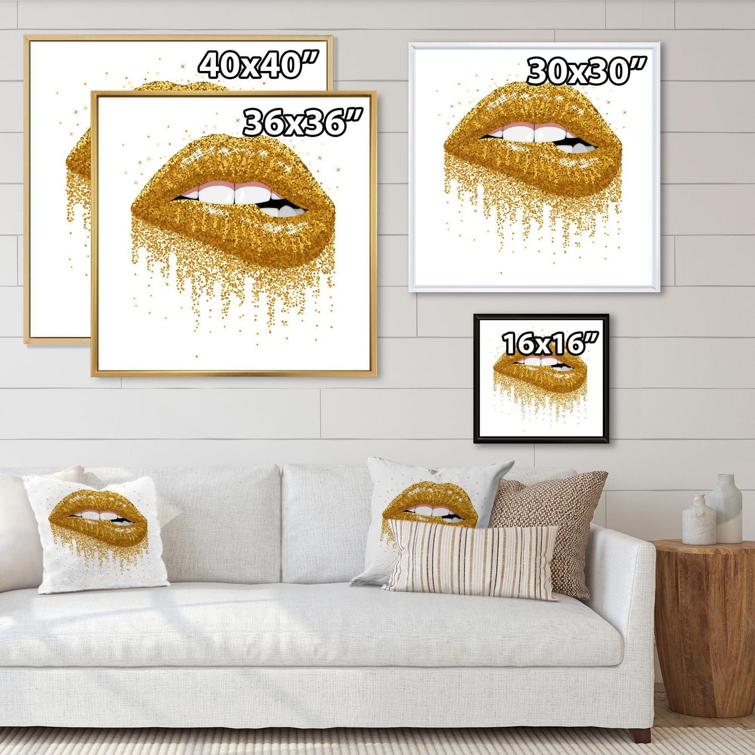 Designart Woman Lips With Glitter Gold Sparkles FLOAT FRAME WALL ART