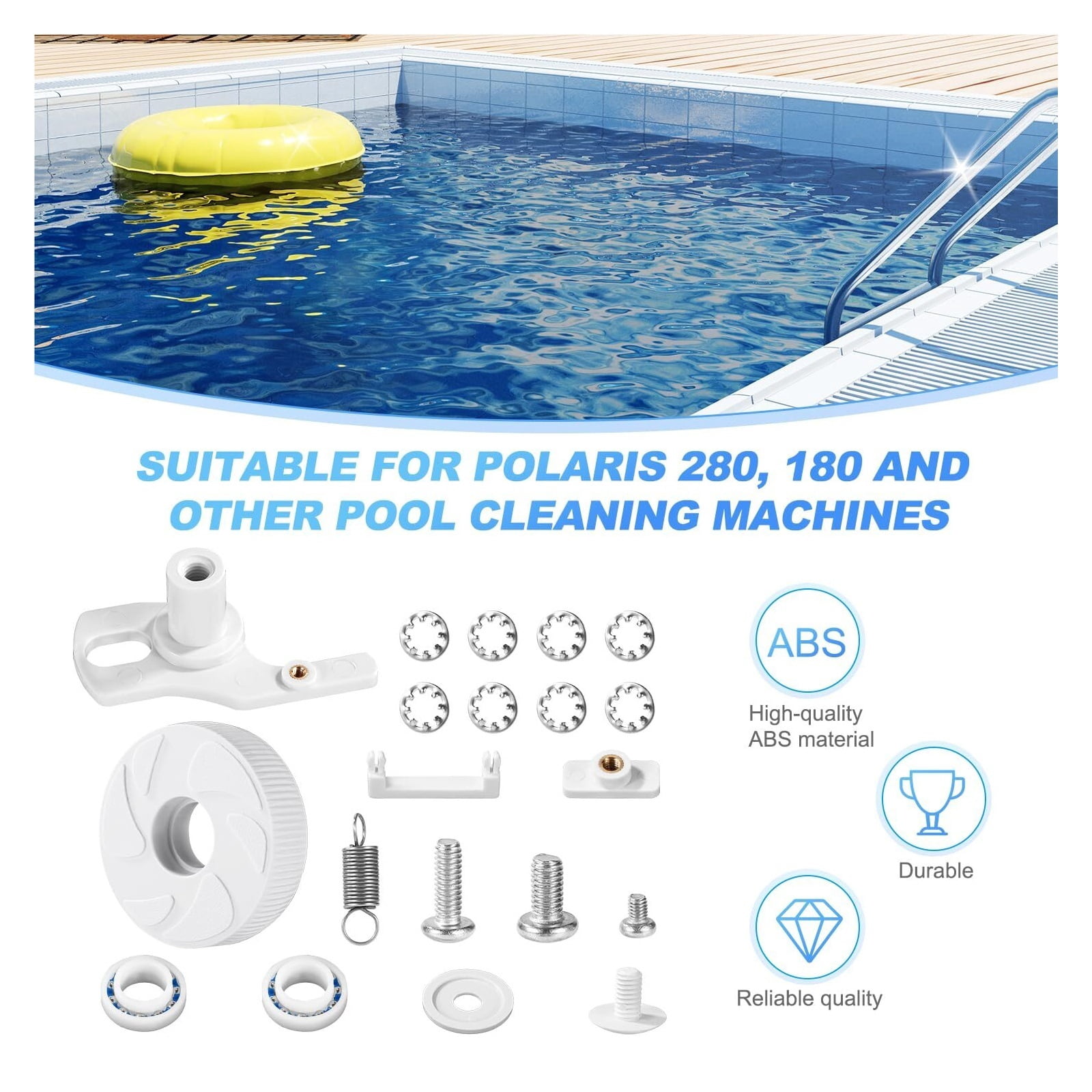 CAURHQSX Pool Cleaner Idler Wheel Replacement Kit Part for Polaris 280 180, ABS Metal White Ball Bearing with Tire C16 C36 Swing Shaft Components C36 Wheel Washer Swing Axis