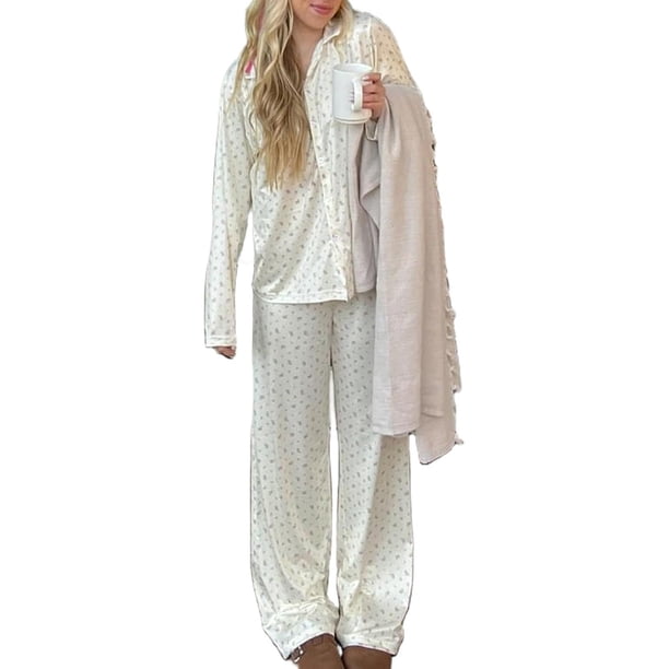 Conjunto Pijama para Mujer Nuevo Manga Larga Con Aberturas Pantalones Irregulares Trajes Sueltos Wo (Beige M)