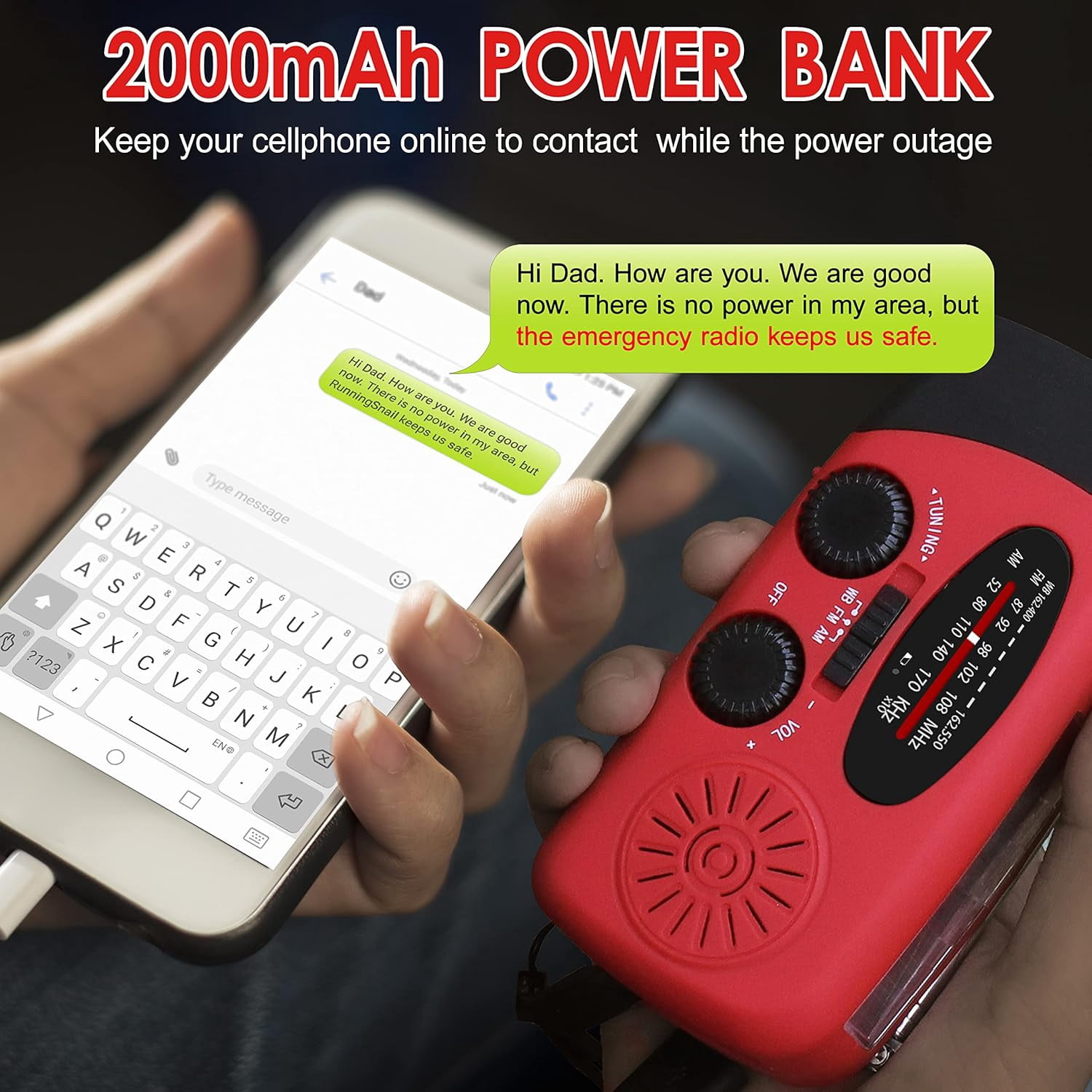 NOAA Emergency Hand Crank Radio - Solar/USB Powered with 2000mAh Power Bank & LED Flashlight, Portable Weather Radio for Camping & Disaster Preparedness
