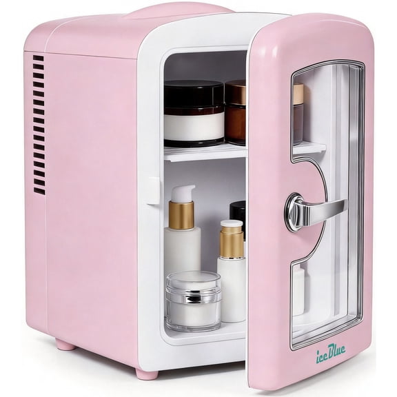 iceBlue 4L Mini Fridge for Cosmetics and Drinks, Car/Home Use (Pink), Skincare Refrigerator, Transparent Window and Retro Chrome Handle