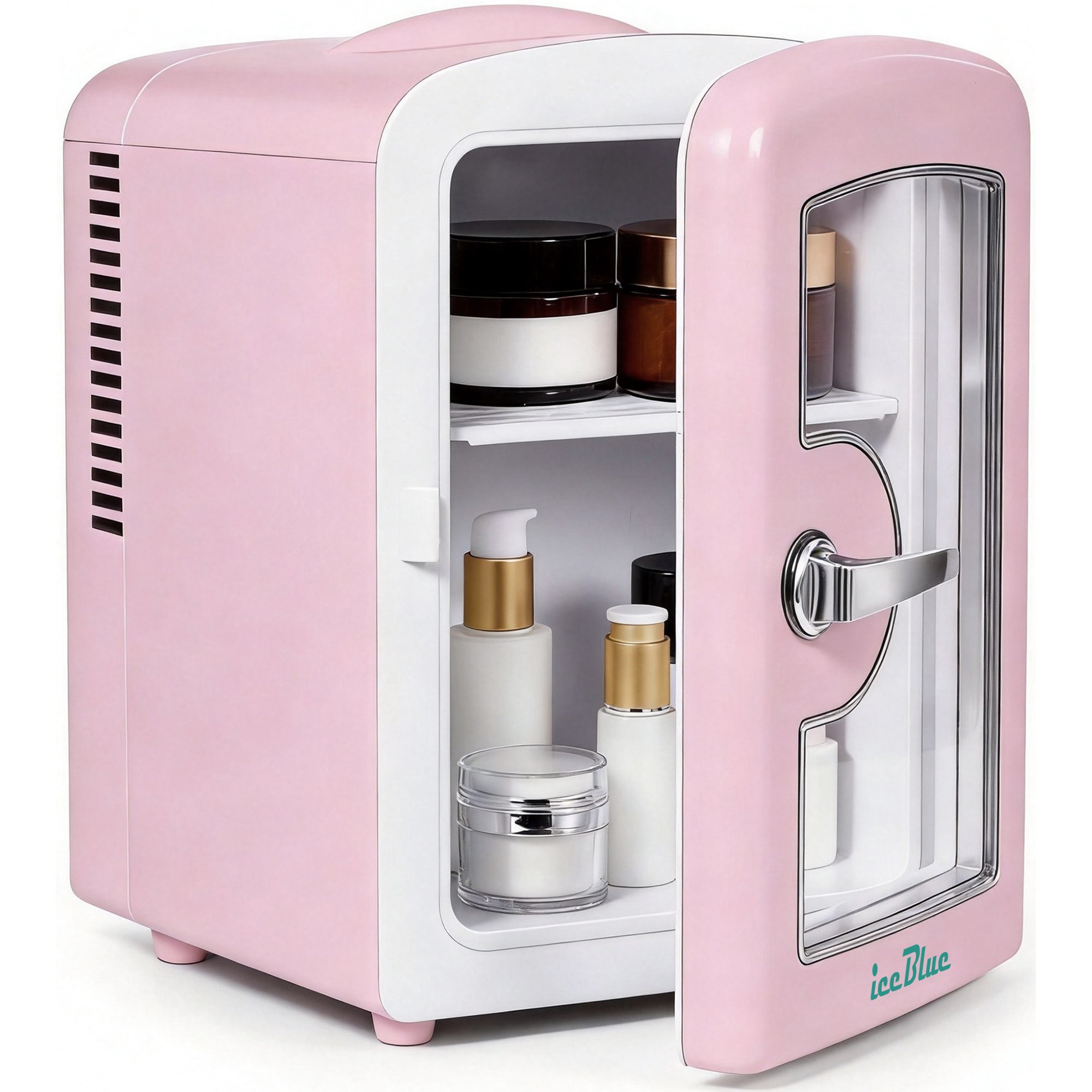 iceBlue 4L Mini Fridge for Cosmetics and Drinks, Car/Home Use (Pink), Skincare Refrigerator, Transparent Window and Retro Chrome Handle