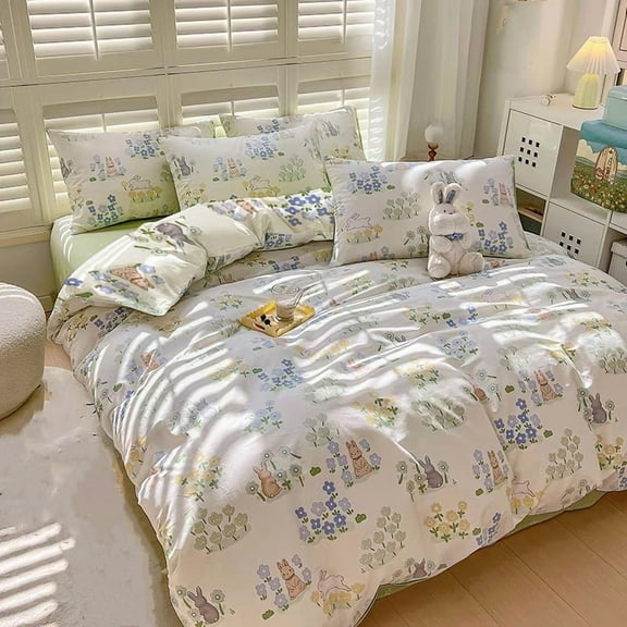 100% Cotton Duvet Cover Set 2Pcs Twin kid's bedding Set 1 Comforter Cover 1 Pillowcases Bedding Set Cute Cartoon Bunny Soft Breathable