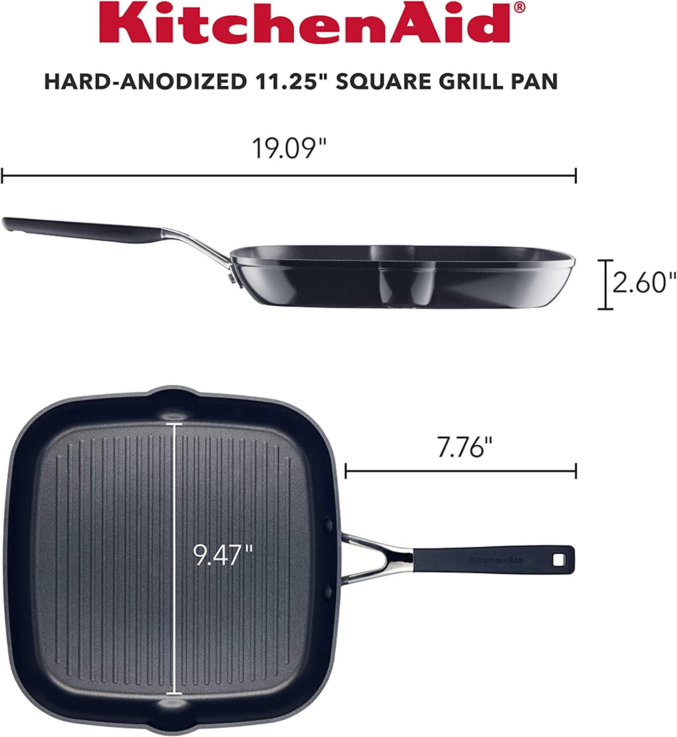 Hard Anodized Nonstick Square Grill Pan, 11.25 Inch,  Black