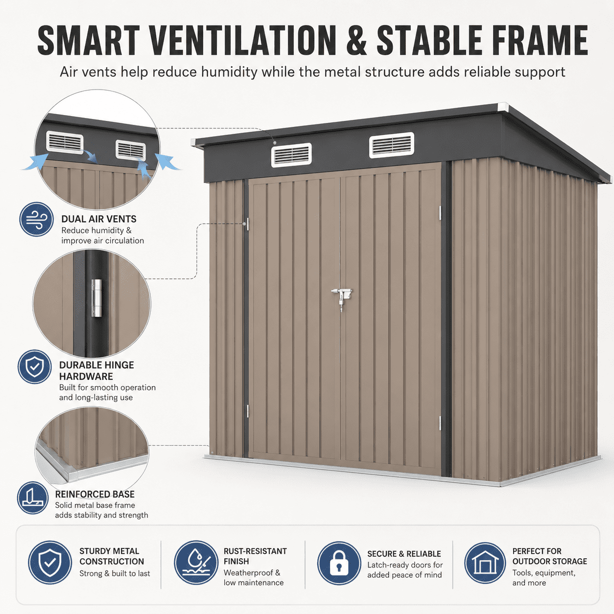 6x4ft Shed Outdoor Storage, All-weather Metal Garden Shed W/Floor, Galvanized Steel Tool Storage Shed, Double Lockable Doors, Brown