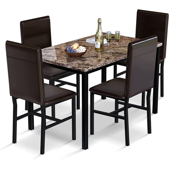 MIERES 5-Piece Dining Table Set for 4, Faux Marble Kitchen Table and 4 Chairs, Modern Dining Room Table with 4 Chairs, Dinner Table Set for Small Spaces, Brown