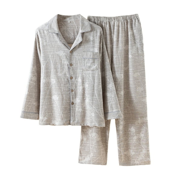 DHFJKG Linen Woven Jacquard Pajamas Set For Men Long Sleeve Turndown Collar Button Up Top Loose Fit Bottoms 2 Piece Sleepwear Comfort Homewear