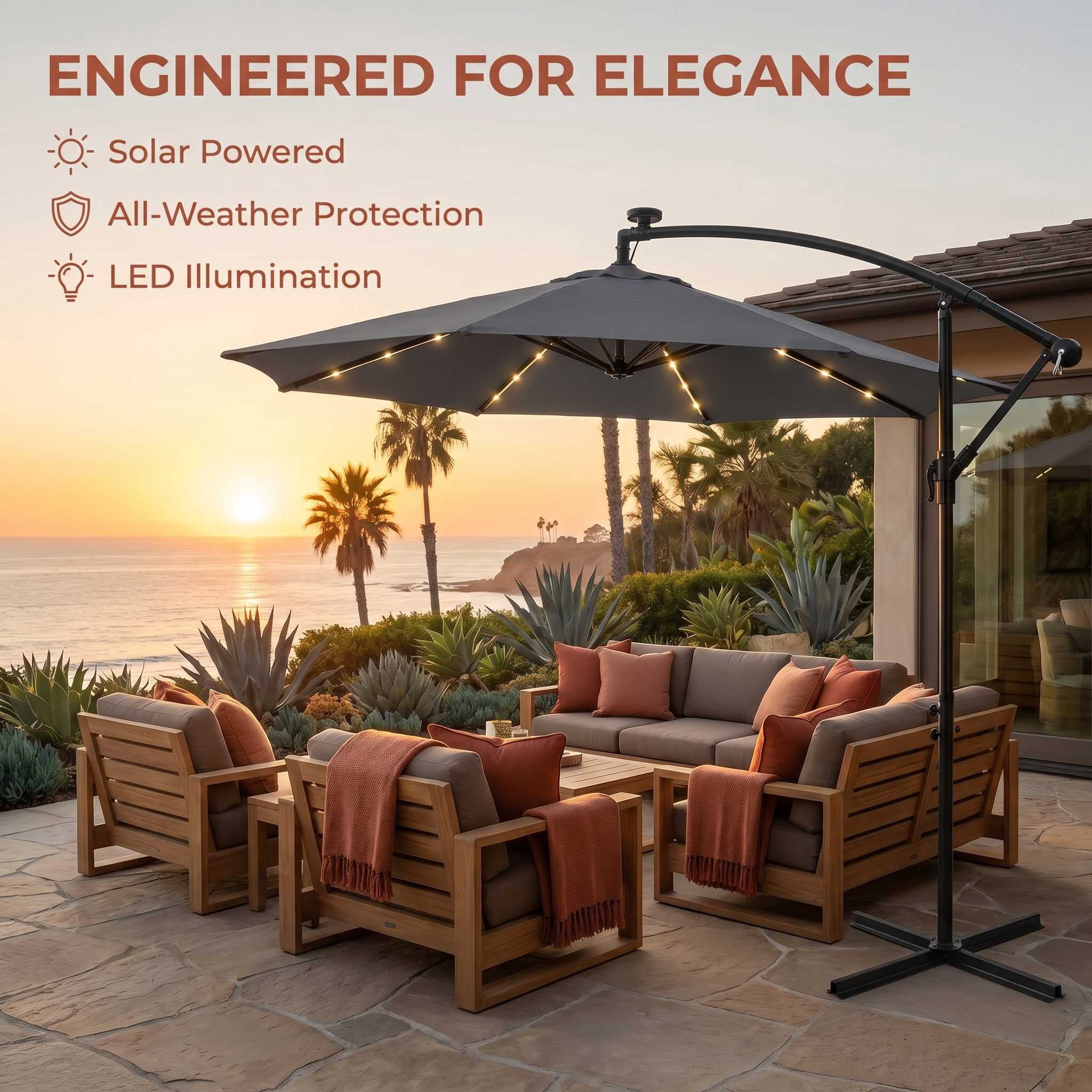 Ktaxon 10FT Patio Umbrella, Offset Cantilever Solar LED Outdoor Patio Table Umbrella, UV Protection, Fade Resistant Fabric, Easy Tilt Adjustment,Cross Base,Gray