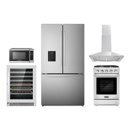 5 Piece Kitchen Package With 24" Freestanding Gas Range 24" Wall Mount Range Hood 30" Over-the-range Microwave French Door Refrigerator & 48 Bottle Wine Refrigerator