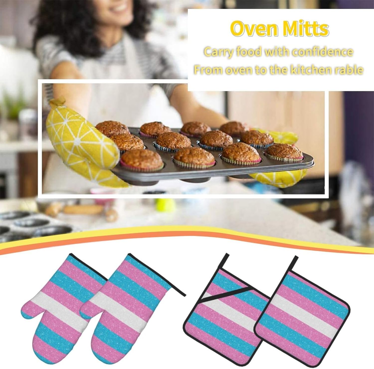 Glitter Transgender Proud Flag Oven Mitts and Pot Holders 4 Pcs Set,High Heat Resistant 500 Degree Extra Thicken Long Kitchen Cotton Oven Glove for Cooking