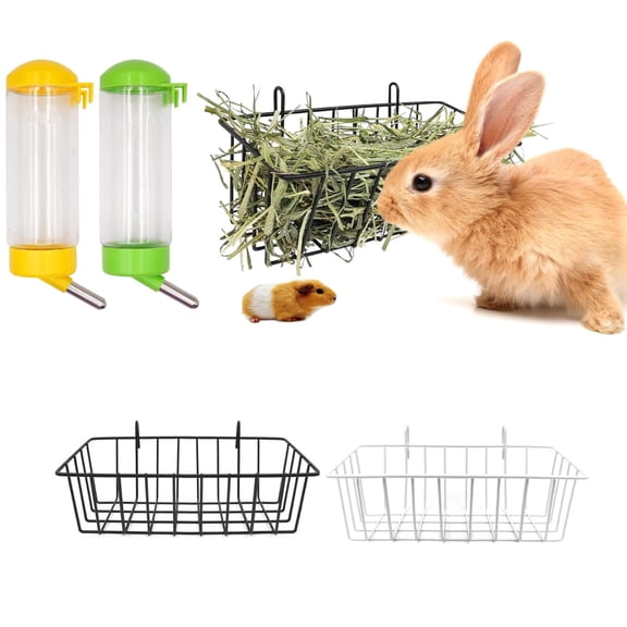 4-Piece Rabbit Feeder Set: 2 Metal Hay Racks 2 Water Dispensers for Small Pets