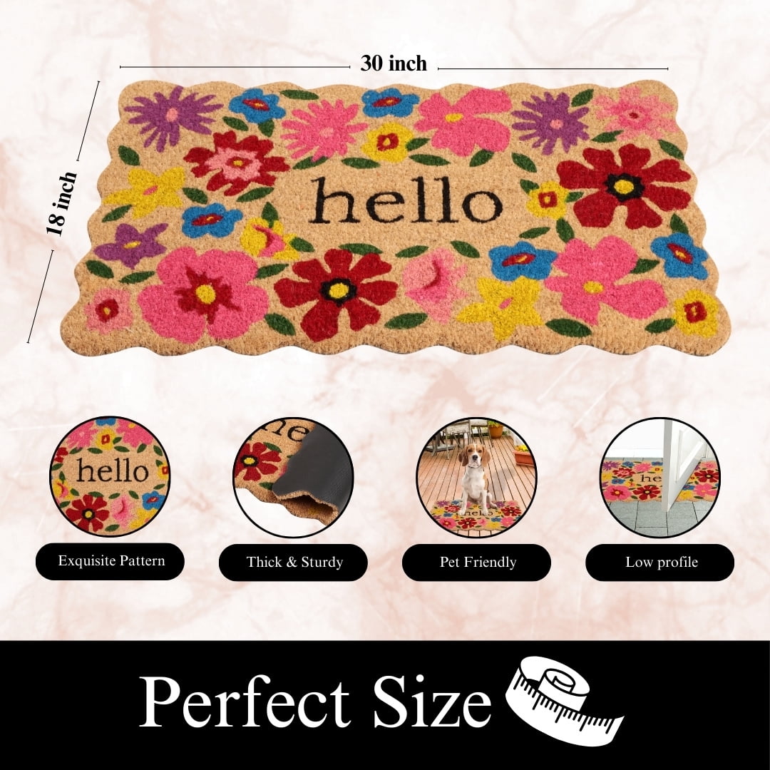 A1HC Natural Coco Coir Doormat, Spring Floral Scalloped Hello, 18"x30", Durable Outdoor Welcome Mat, Non-Slip, Easy to Clean, Pet Friendly
