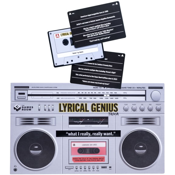 Fizz Creations Lyrical Genius. Music Trivia Game. Nostalgic Retro Boombox Design. Party Games. Family Game. 2  Players Playtime 25  Minutes.