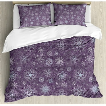Eggplant King Size Duvet Cover Set, Christmas Inspired Cute Flowers Snowflakes and Swirls in a Violet Delicate Environment, Decorative 3 Piece Bedding Set with 2 Pillow Shams, Violet, by Ambesonne