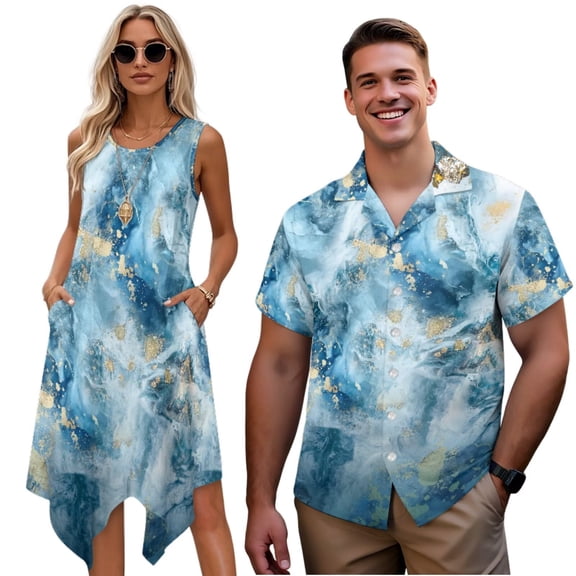 Yuyamidu His and Hers Matching Outfits Sleeveless Dress for Women Casual Tank Dresses with Pockets Men's Short Sleeve Button Down Shirt Couples Matching Outfits Blue Marble, Size 2XS
