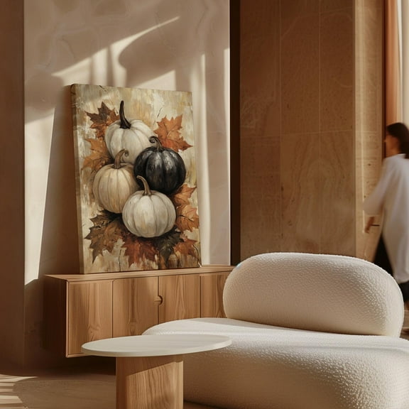 Autumn Pumpkin Wall Art - Rustic Fall Harvest Decor, White And Black Pumpkins With Leaves, Thanksgiving Seasonal Artwork Wall Art, Modern Wall Decor, 8x12 UNFRAMED