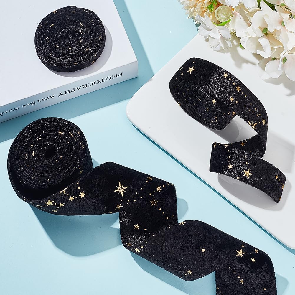 6.56 Yards(6m) Double Faced Velvet Ribbons with Star Motif 3/8 inch 1 inch 2 inch(1cm 2.5cm 5cm) Black Satin Trims Flat Ribbon Roll for Gift Wrapping Decor Party Wedding Crafts 1set