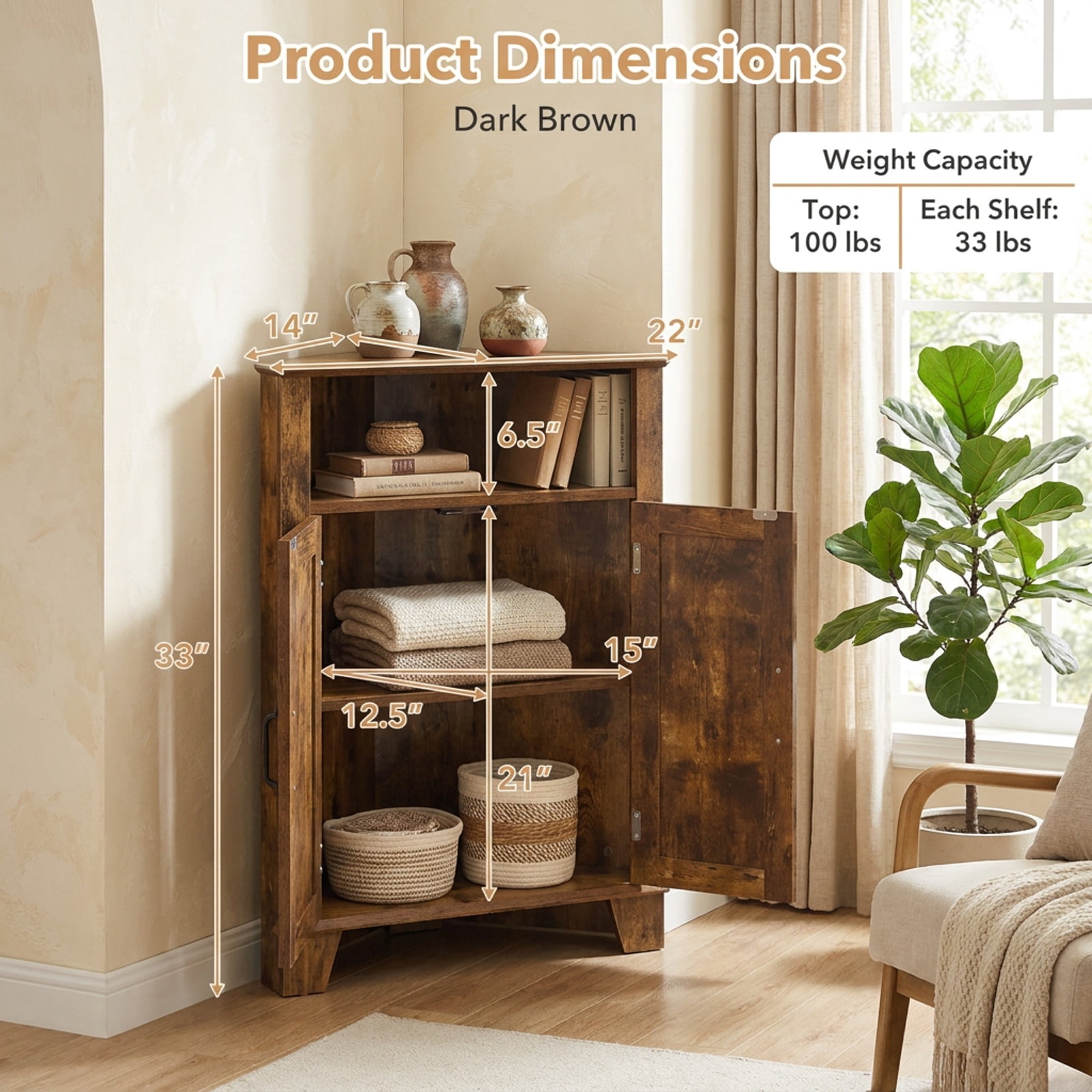 Furnibear 4 Tier Corner Accent Cabinet with Doors Open Shelf and Adjustable Storage for Kitchen Living Room and Entryway, Rustic Brown