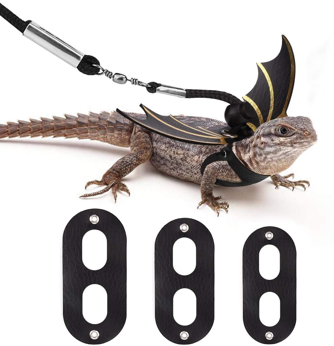 Black 3 Size Pack Leather Wing Lizard Harness with Removable Lizard Leash for Bearded Dragon Lizard Reptiles Bearded Dragon Leash Harness 