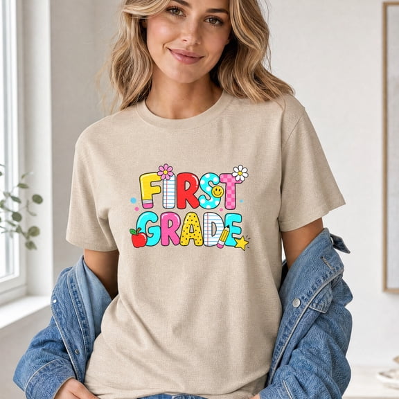 Jollimate First Grade Shirt, Retro Back to School T Shirt, Cute 1st Grade Teacher Graphic Tee